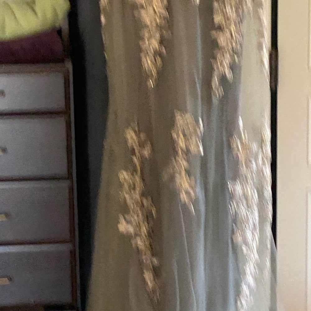 Gray/ silver gown. Floor length